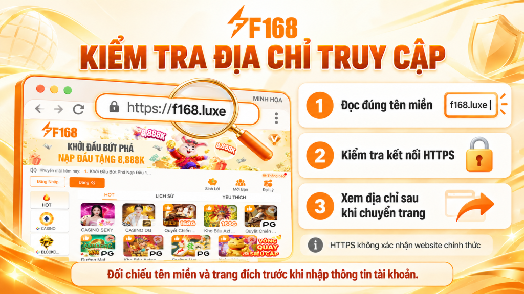 : Thanh địa chỉ f168 cùng ba bước kiểm tra tên miền, HTTPS và trang đích